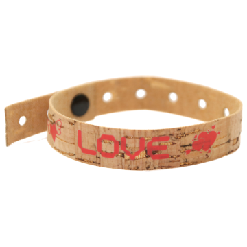 Einlassbänder aus Korkmaterial ind.bedruckt mit Kunststoffverschluss zum zudrücken