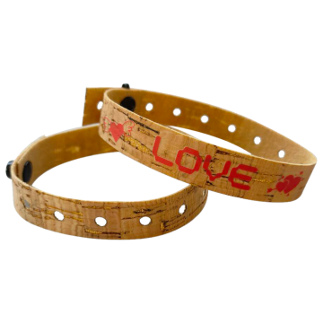 Einlassbänder aus Korkmaterial ind.bedruckt mit Kunststoffverschluss zum zudrücken