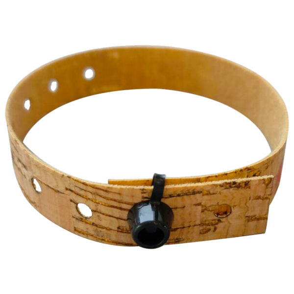 Einlassbänder aus Korkmaterial ind.bedruckt mit Kunststoffverschluss zum zudrücken